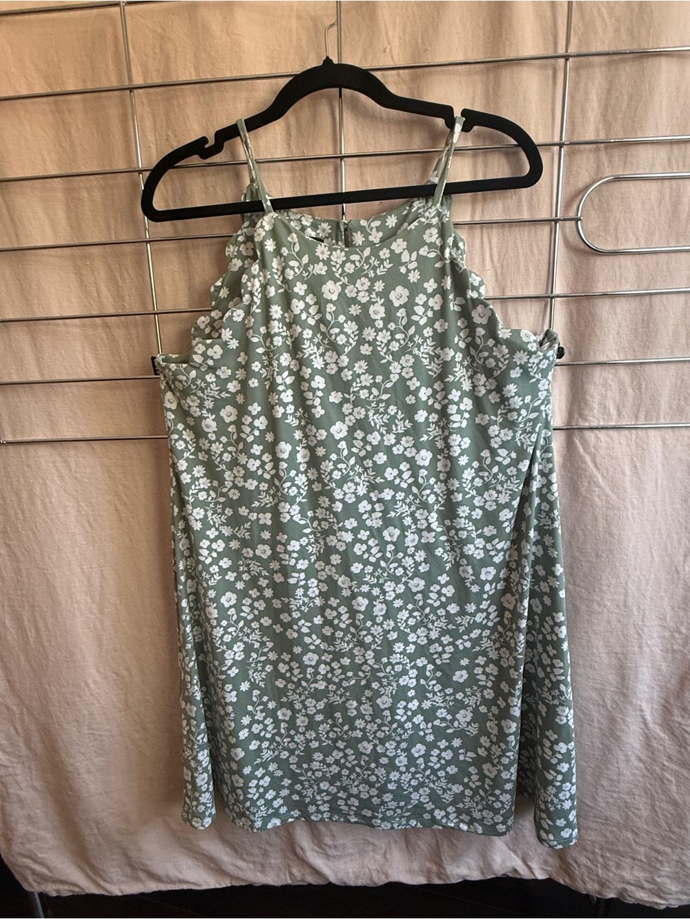 Floral Sage Green Scalloped Edge Mini Dress with Spaghetti Straps